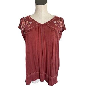 Knox Rose Floral Embroidered Boho Top Women's Size Small  V-Neck Shirt